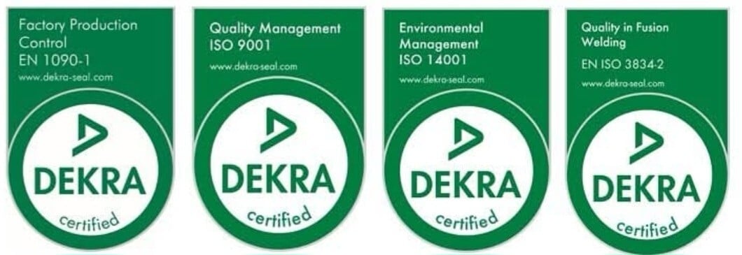 Avetak's quality certifications: DEKRA-certified EN 1090-1 (factory production control), ISO 9001 (quality management), ISO 14001 (environmental management), and EN ISO 3834-2 (quality in fusion welding).